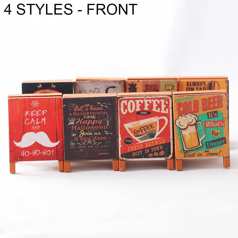 4pc Dollhouse Miniature Wooden Chalkboard Signs Set, Tiny Christmas Halloween Coffee Beer A-Frame Board, Micro Bar Cafe Scene OB11 Prop