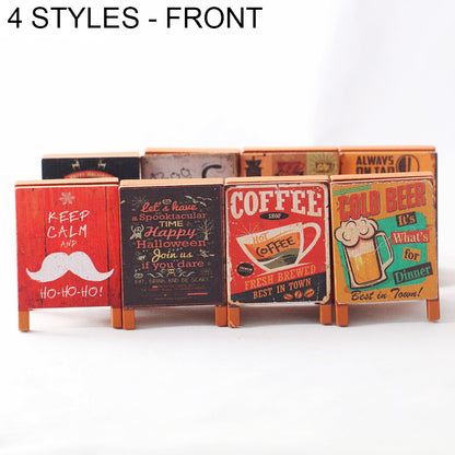 4pc Dollhouse Miniature Wooden Chalkboard Signs Set, Tiny Christmas Halloween Coffee Beer A-Frame Board, Micro Bar Cafe Scene OB11 Prop