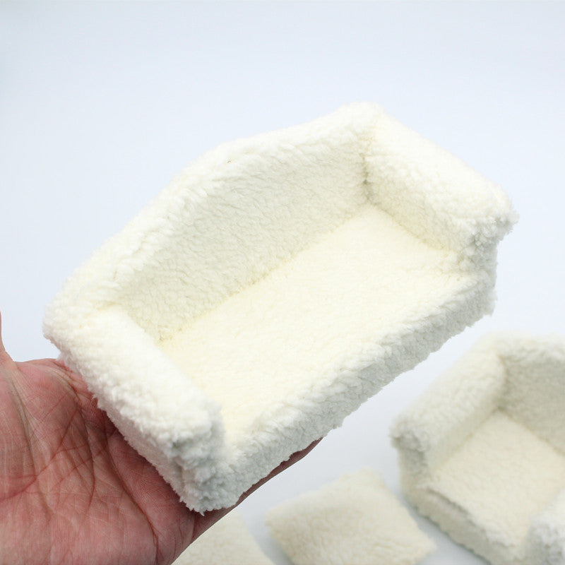 1/12 Miniature Sherpa Sofa Couch, Dollhouse Teddy Fleece Armchair Set, Mini Living Room Furniture for Blythe Barbie OB11